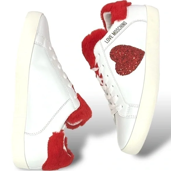 Love Moschino Logo Glitter-Red Heart With Red Faux Fur detail low-top sneaker - Picture 2 of 16